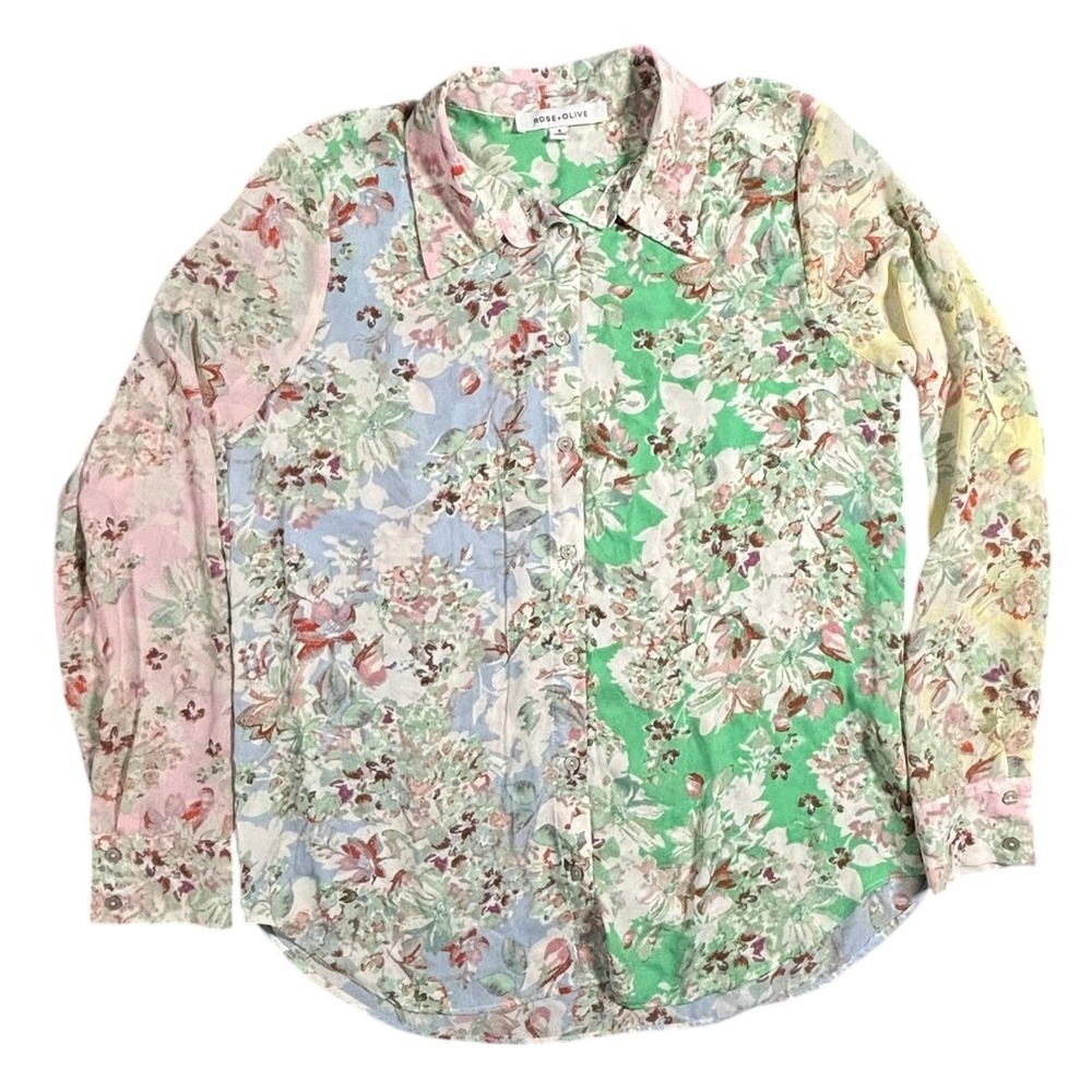 Rose+Olive Patchwork Floral Print Button Up Shirt Women Size S Long‎ Sleeve